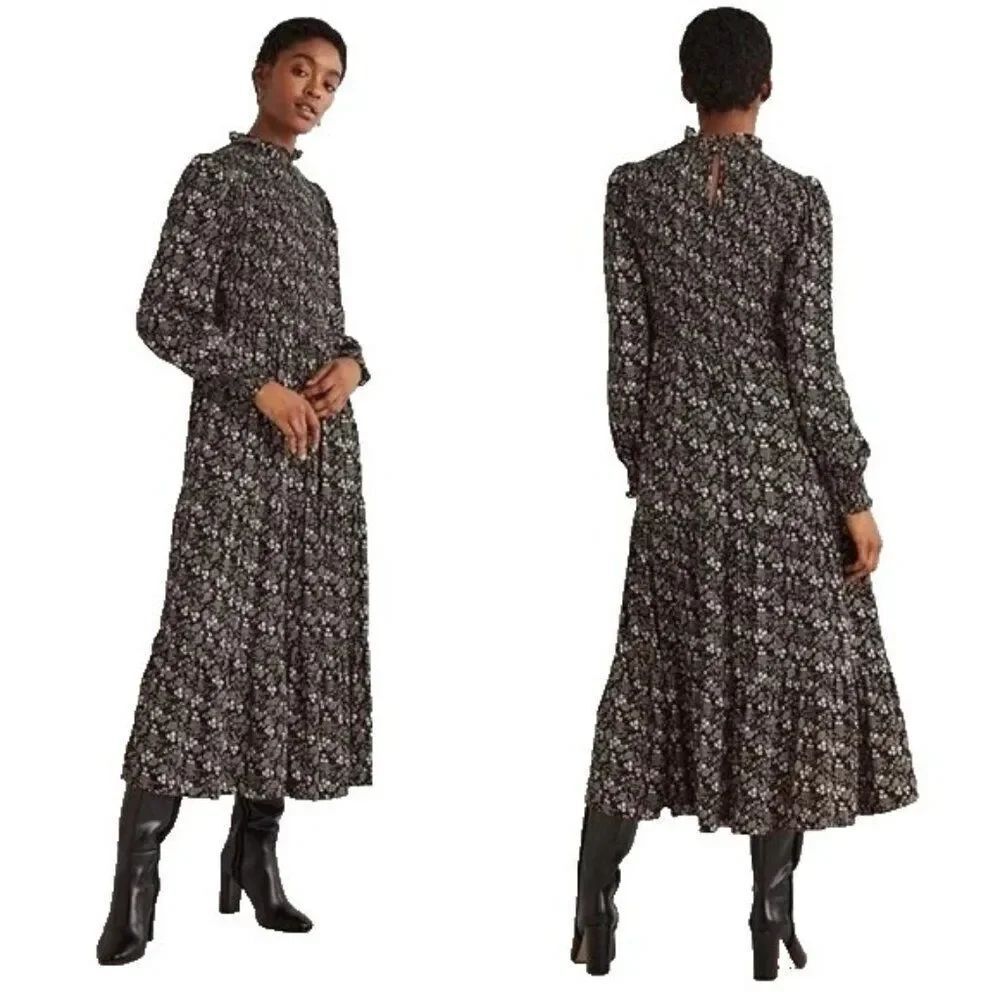 Boden Women Midi Dress UK 16 US 12 Navy Blue Floral Smocked Tiered D0306 NWT